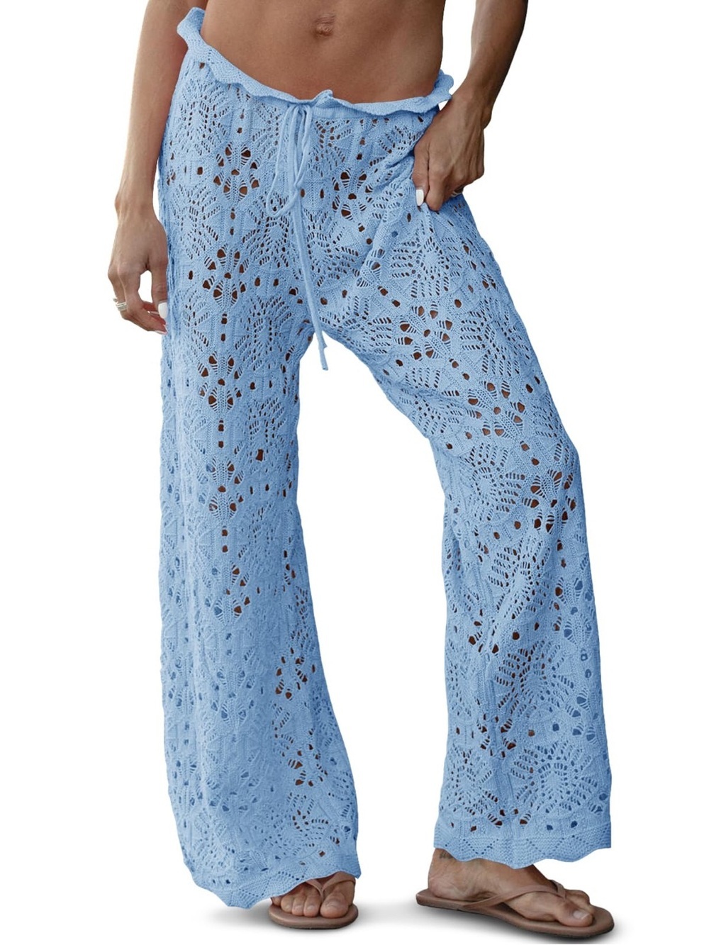 Saodimallsu Womens Crochet Swimsuit Coverup Pants Wide Leg Beach Pants Sky Blue